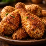 Oven-fried chicken drumsticks baked to crispy perfection with golden skin.