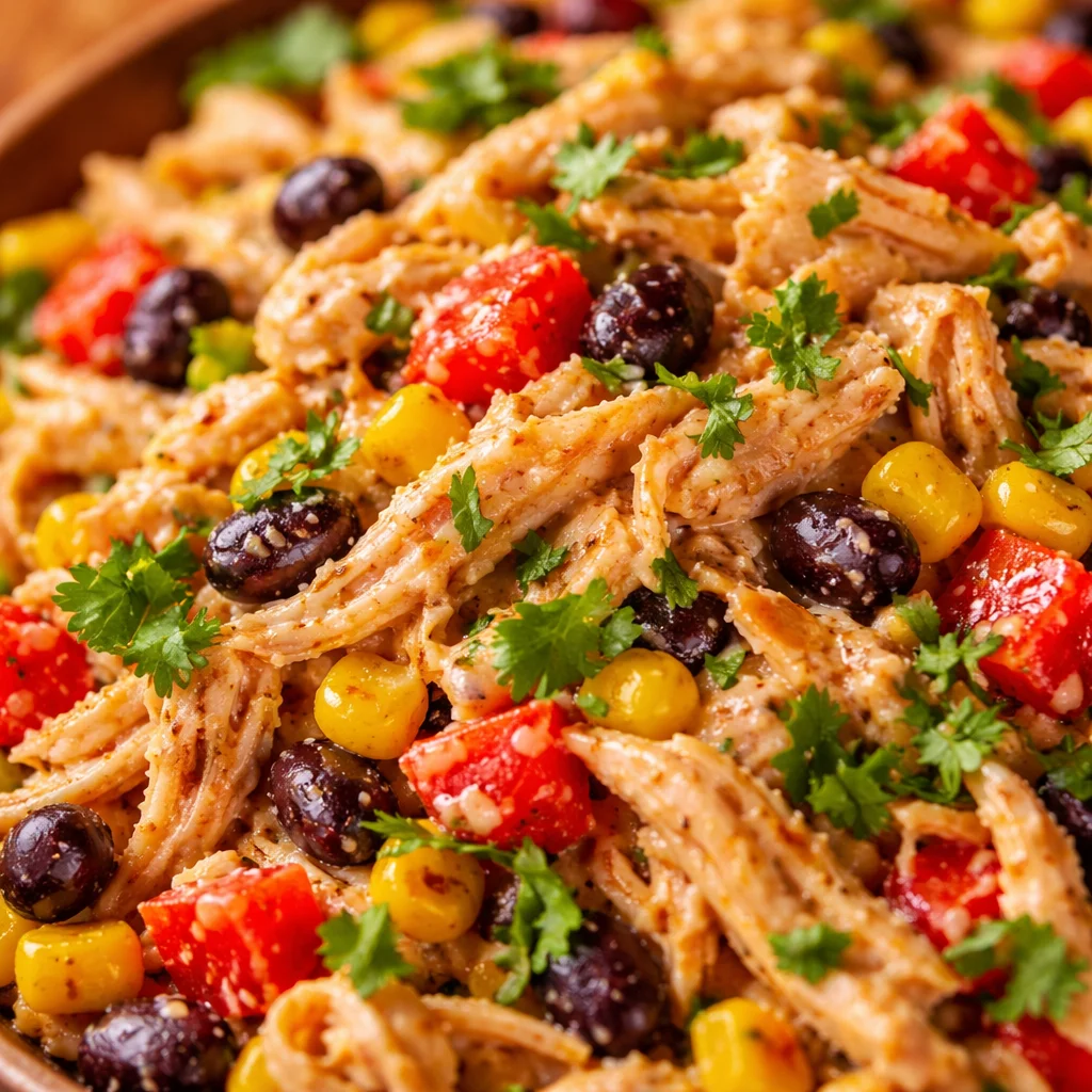 Colorful Southwest Shredded Chicken Salad with black beans, corn, and lime dressing