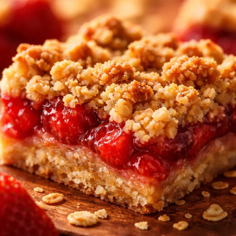 Delicious Strawberry Oatmeal Crumble Bars with a buttery oat topping and fresh strawberries.