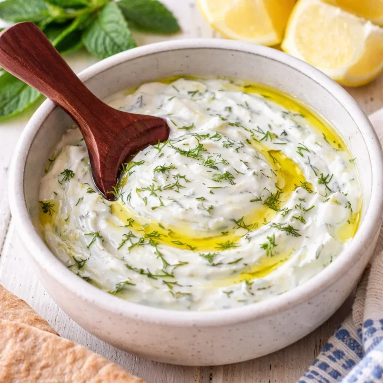 Fresh tzatziki sauce made with cucumber, yogurt, garlic, and herbs served in a bowl.