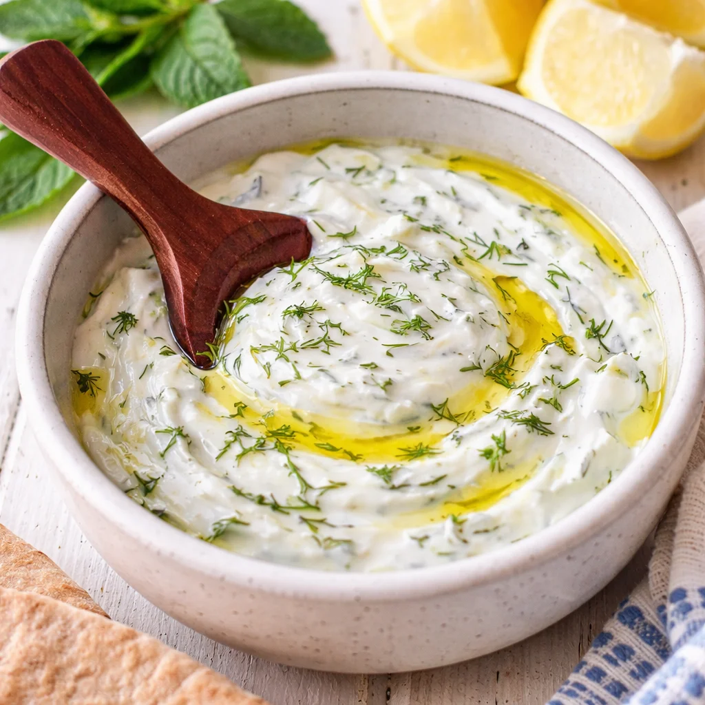 Fresh tzatziki sauce made with cucumber, yogurt, garlic, and herbs served in a bowl.
