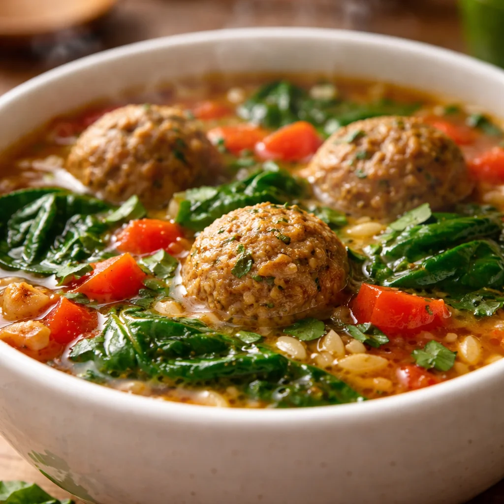Bowl of Ultimate Italian Wedding Soup Delight with meatballs and pasta